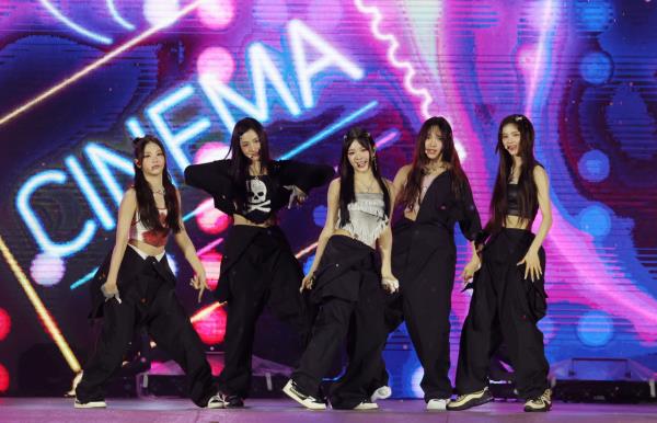 Girl group NewJeans takes the stage at a K-pop concert for the 2023 World Scout Jamboree held at Seoul World Cup Stadium in western Seoul on Friday. (Ministry of Culture, Sports and Tourism)