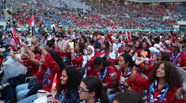 Scouts enjoy a K-pop concert for the 2023 World Scout Jamboree held at Seoul World Cup Stadium in western Seoul on Friday. (Ministry of Culture, Sports and Tourism)
