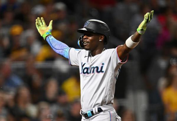 PITTSBURGH, PENNSYLVANIA - SEPTEMBER 30: Jazz Chisholm Jr. #2 of the Miami Marlins celebrates his solo home run during the third inning against the Pittsburgh Pirates at PNC Park on September 30, 2023 in Pittsburgh, Pennsylvania. (Photo by Joe Sargent/Getty Images)