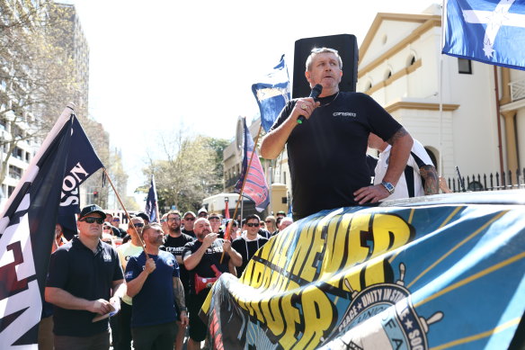 Darren Greenfield speaks at the protest in Sydney.